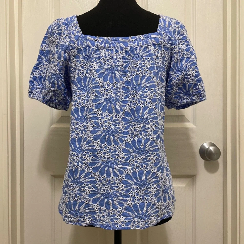 LOFT  Eyelet Puff Sleeve Top Blue White Square Neck Shirt Cottage Coquette Small